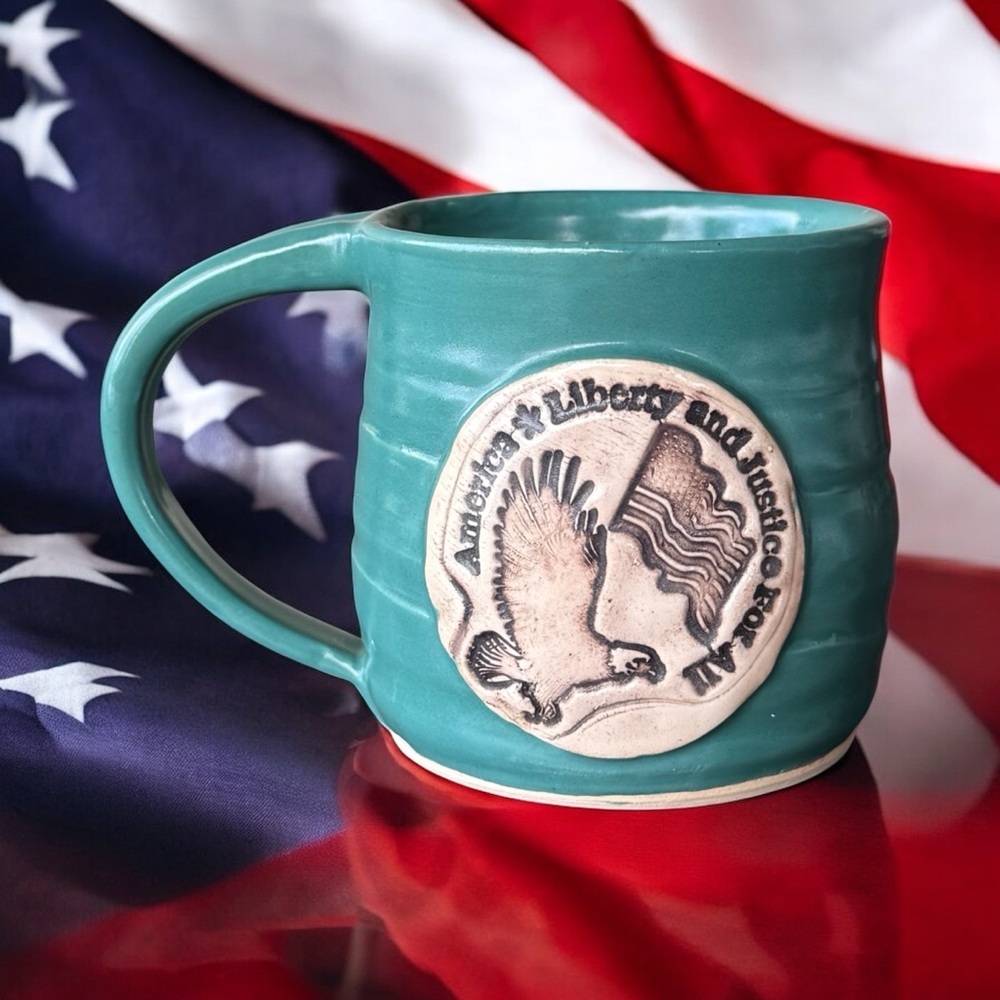 Patriotic Stoneware Mug 8 oz American Liberty & Justice for All DISPLAY PIECE